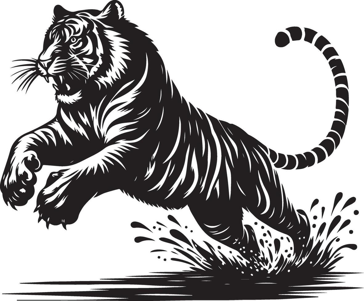 black silhouette of running tiger on white background of illustration vector