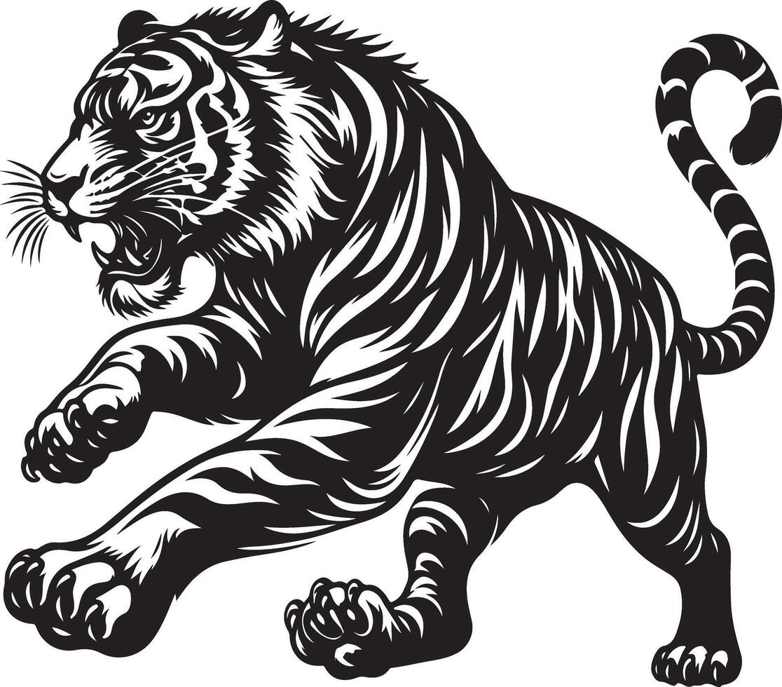 black silhouette of running tiger on white background of illustration vector