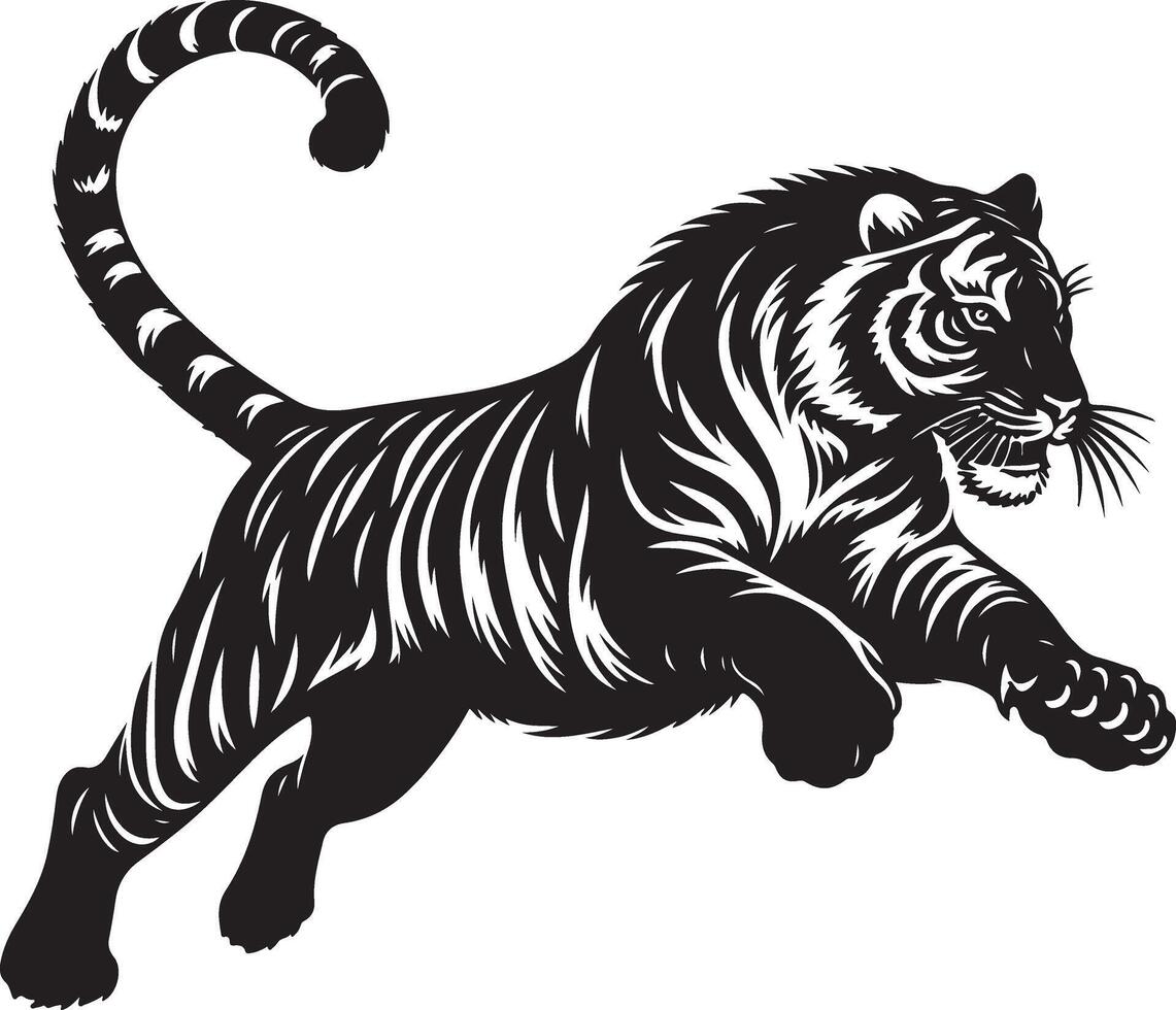 black silhouette of running tiger on white background of illustration vector