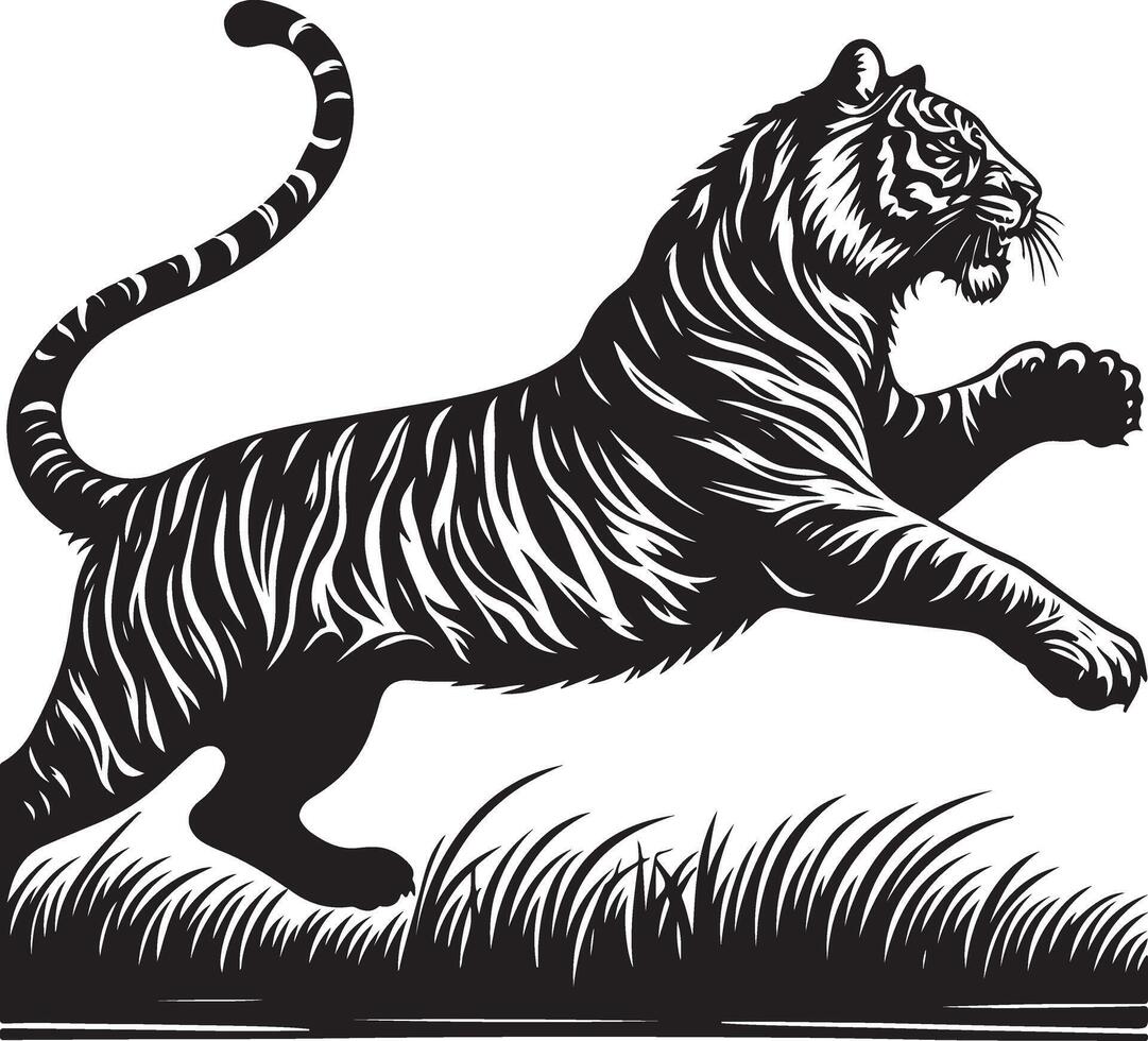 black silhouette of running tiger on white background of illustration vector