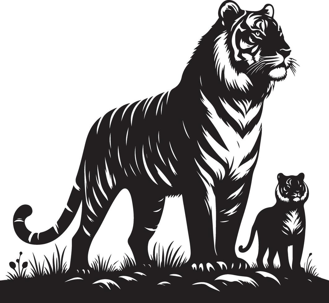 black silhouette of standing tiger on white background of illustration vector