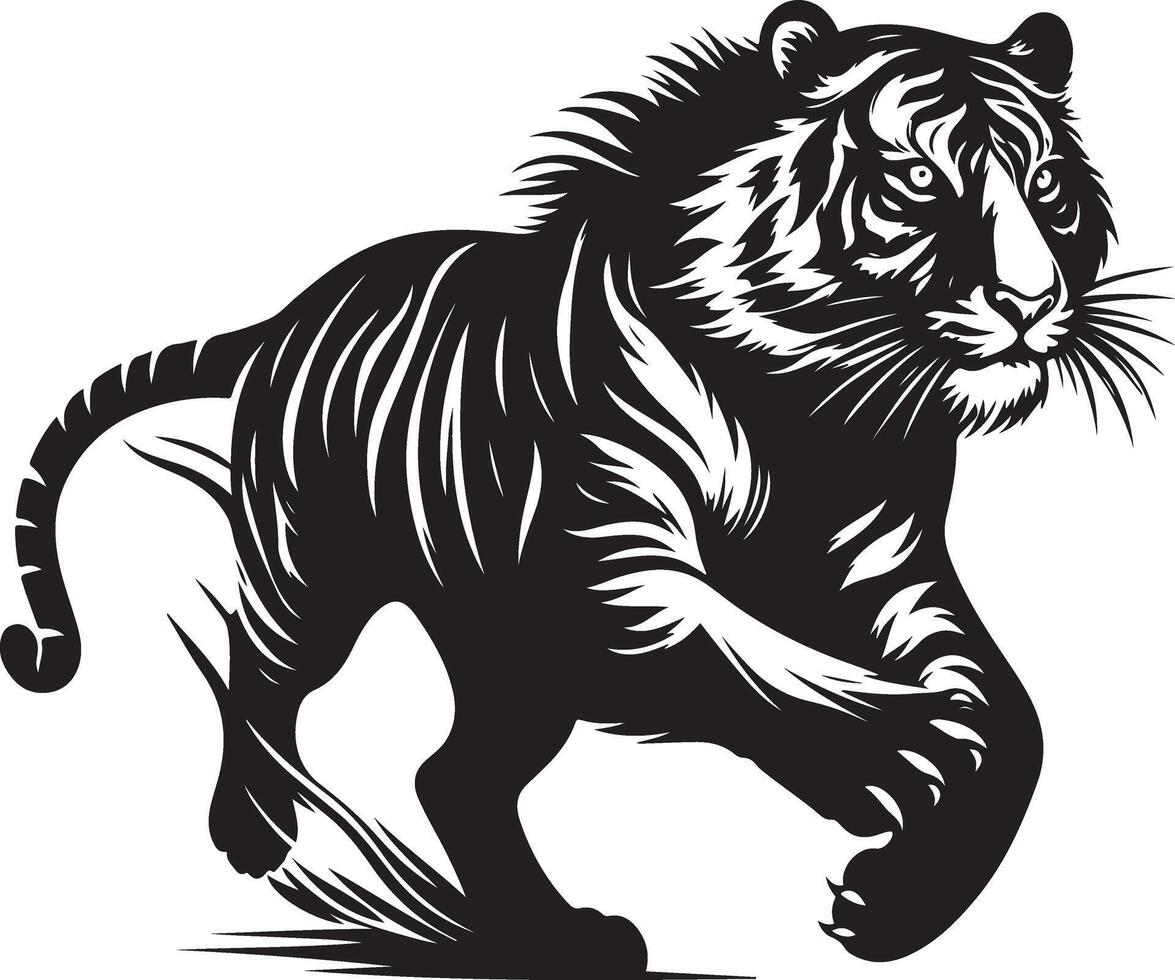 black silhouette of running tiger on white background of illustration vector
