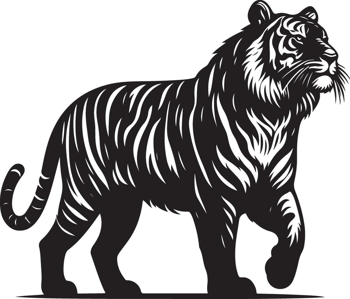 black silhouette of standing tiger on white background of illustration vector