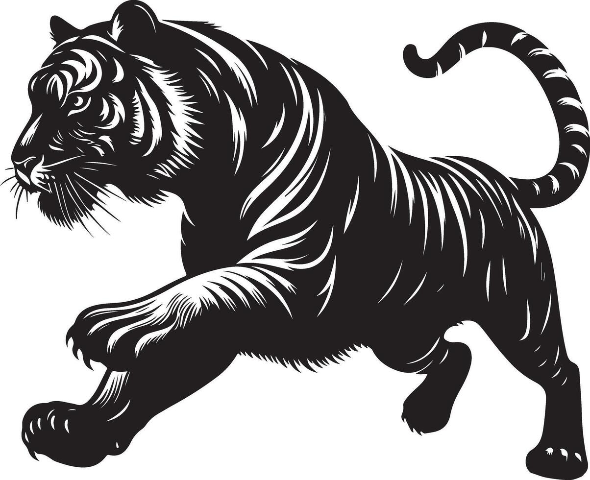 black silhouette of running tiger on white background of illustration vector