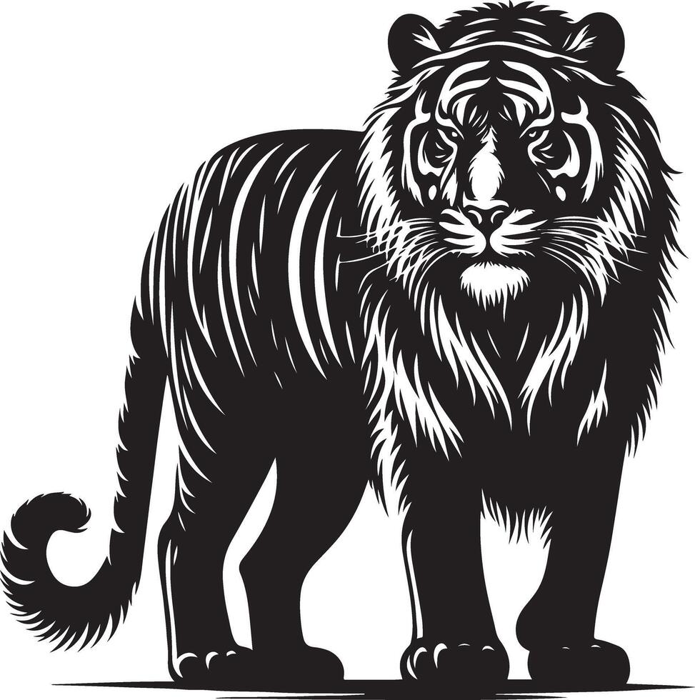 black silhouette of standing tiger on white background of illustration vector