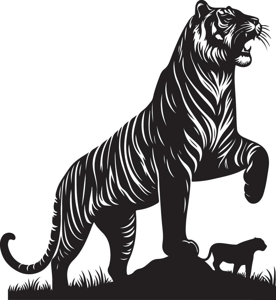 black silhouette of standing tiger on white background of illustration vector