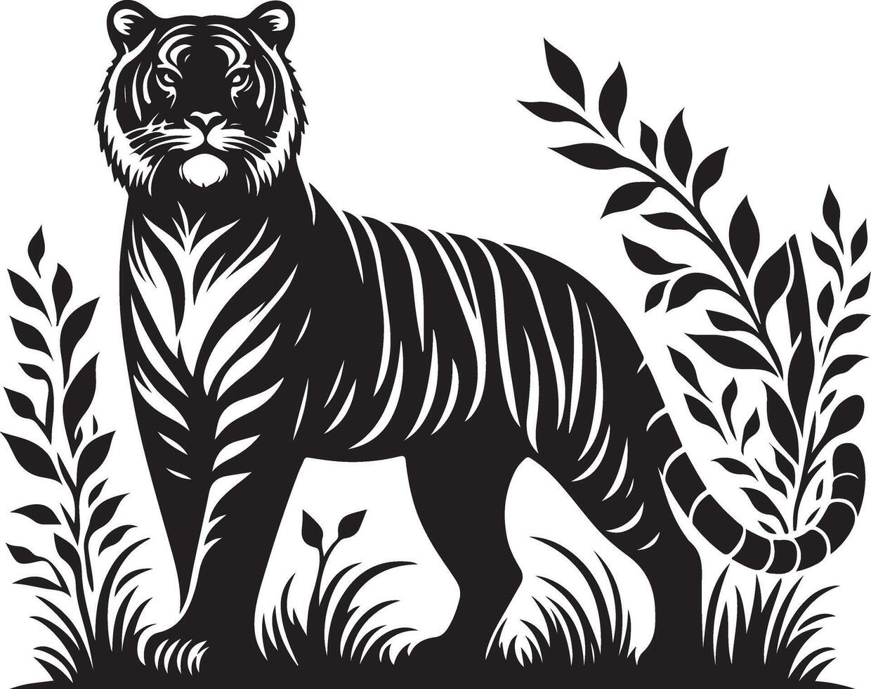 black silhouette of standing tiger on white background of illustration vector