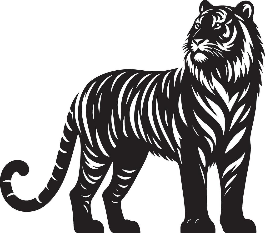 black silhouette of standing tiger on white background of illustration vector