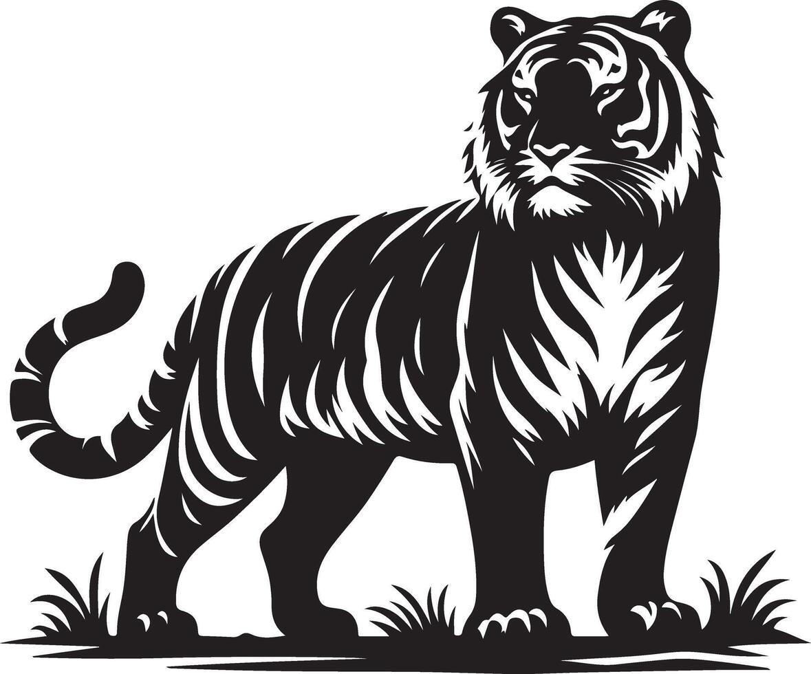 black silhouette of standing tiger on white background of illustration vector