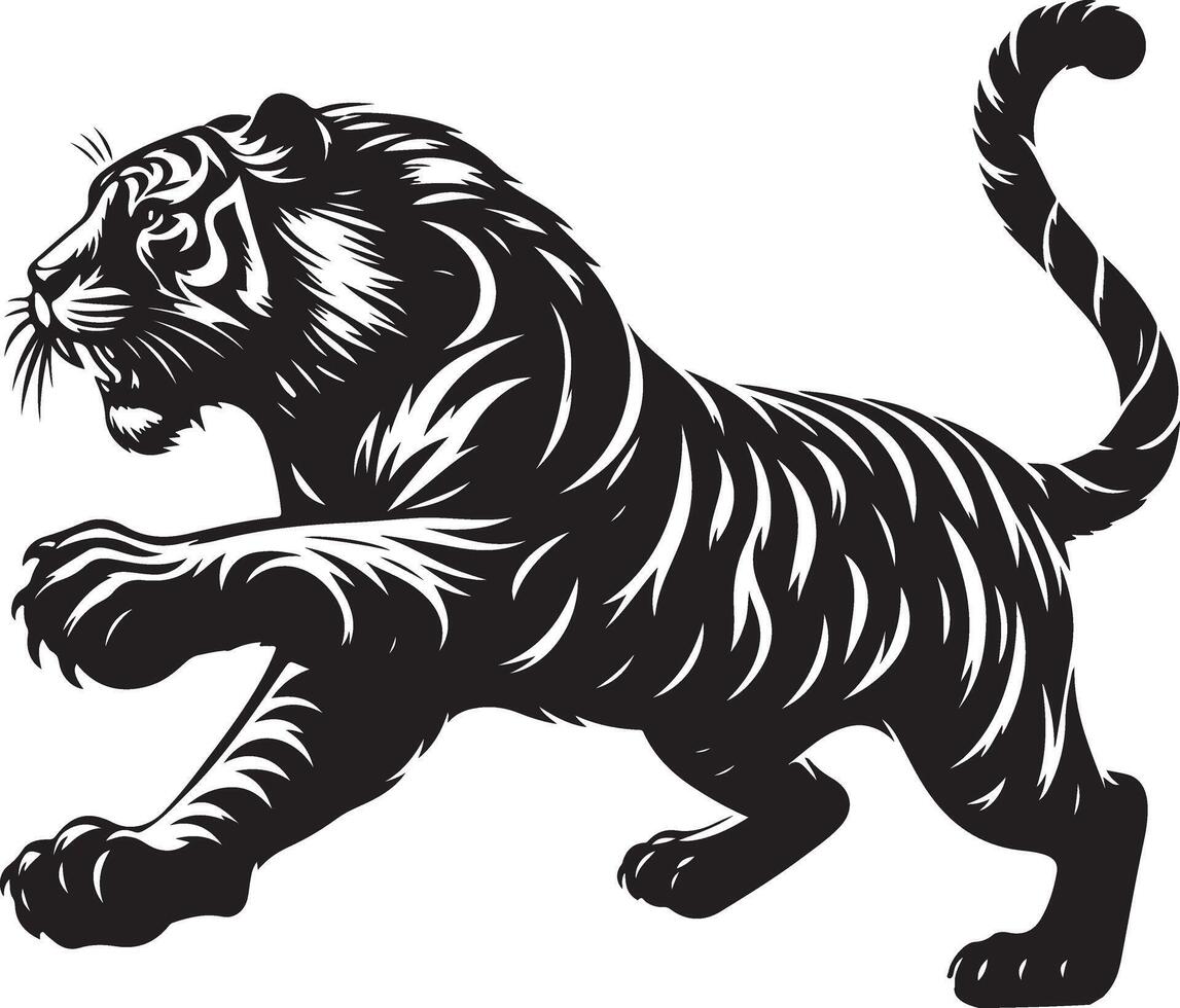 black silhouette of running tiger on white background of illustration vector