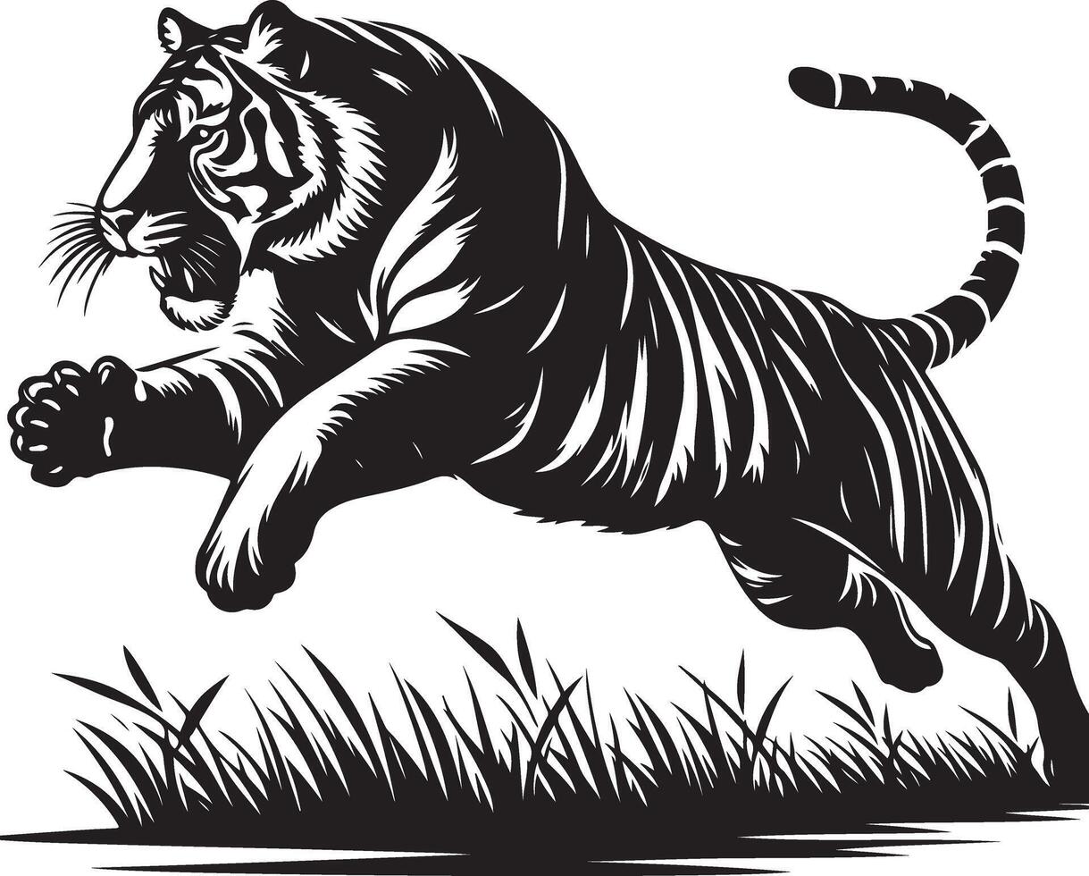 black silhouette of running tiger on white background of illustration vector