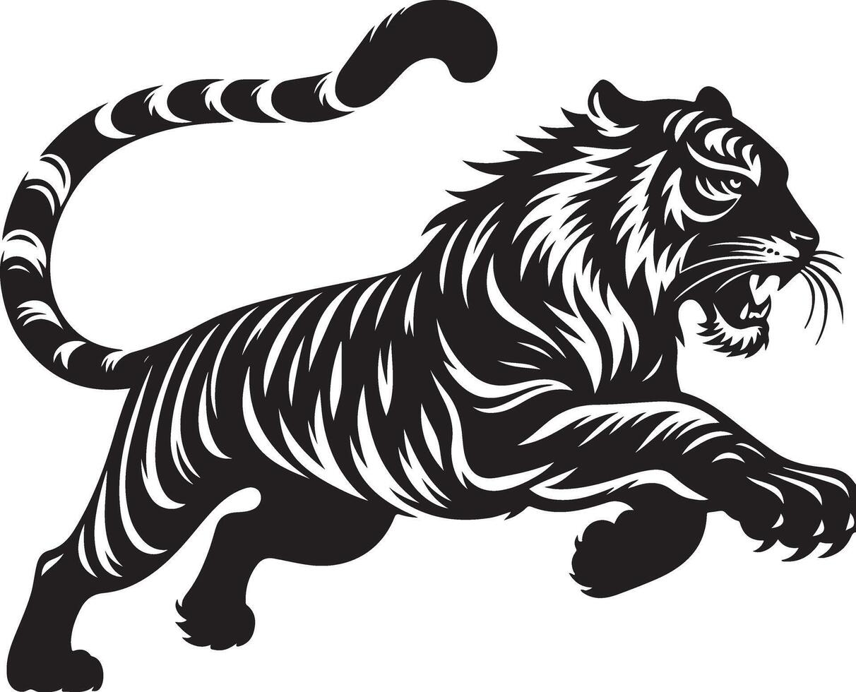 black silhouette of running tiger on white background of illustration vector
