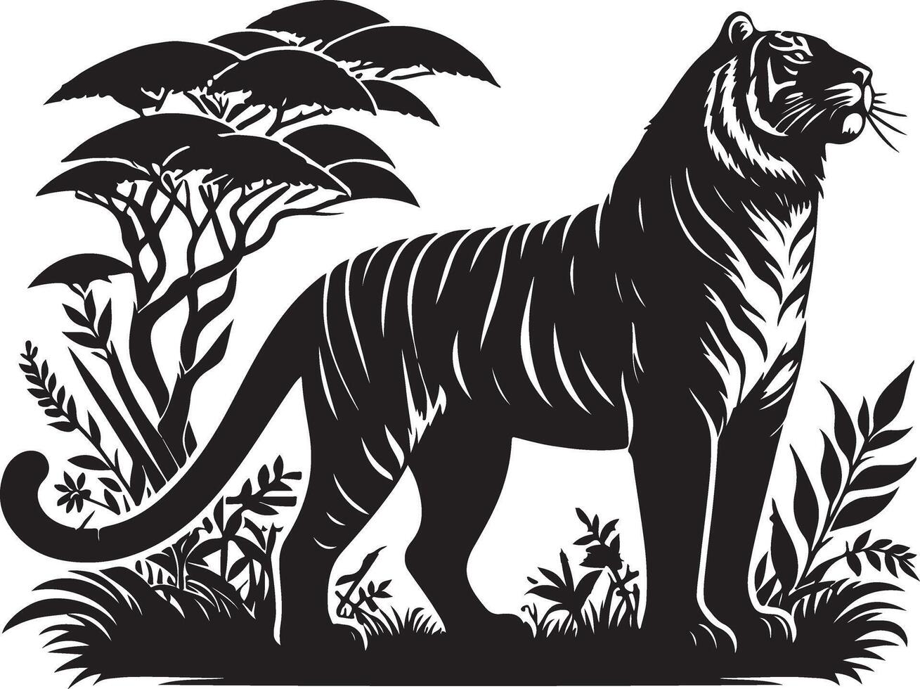 black silhouette of standing tiger on white background of illustration vector
