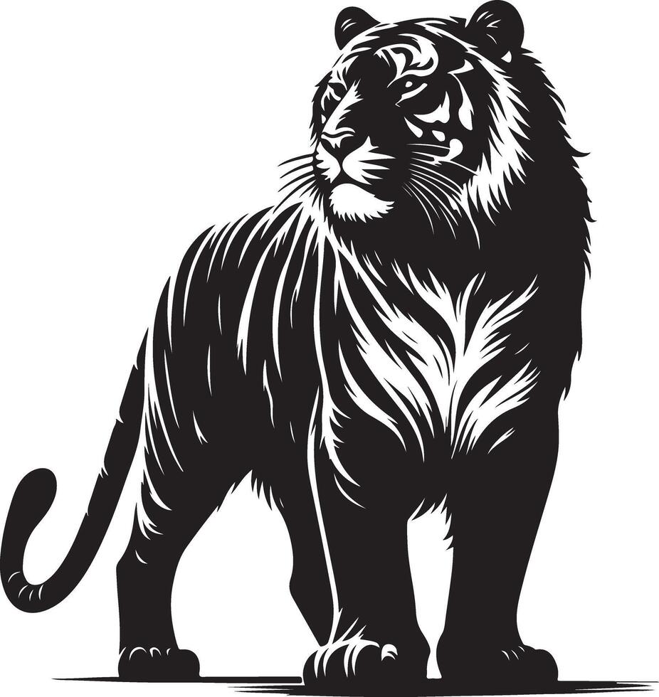 black silhouette of standing tiger on white background of illustration vector