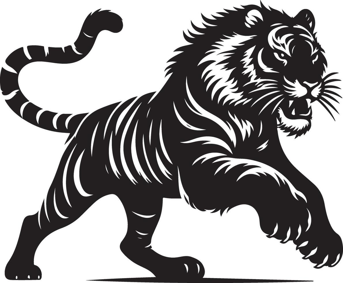 black silhouette of running tiger on white background of illustration vector