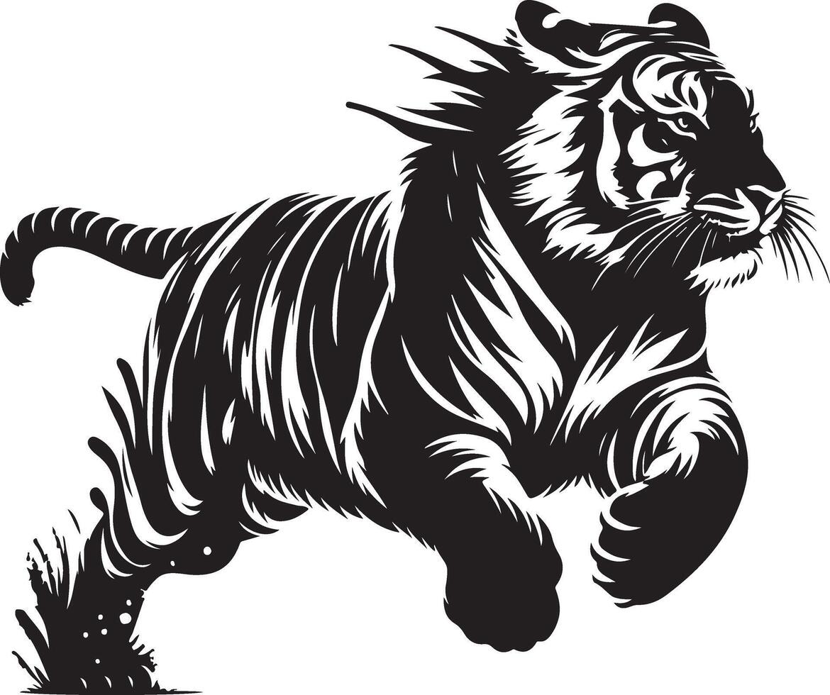 black silhouette of running tiger on white background of illustration vector