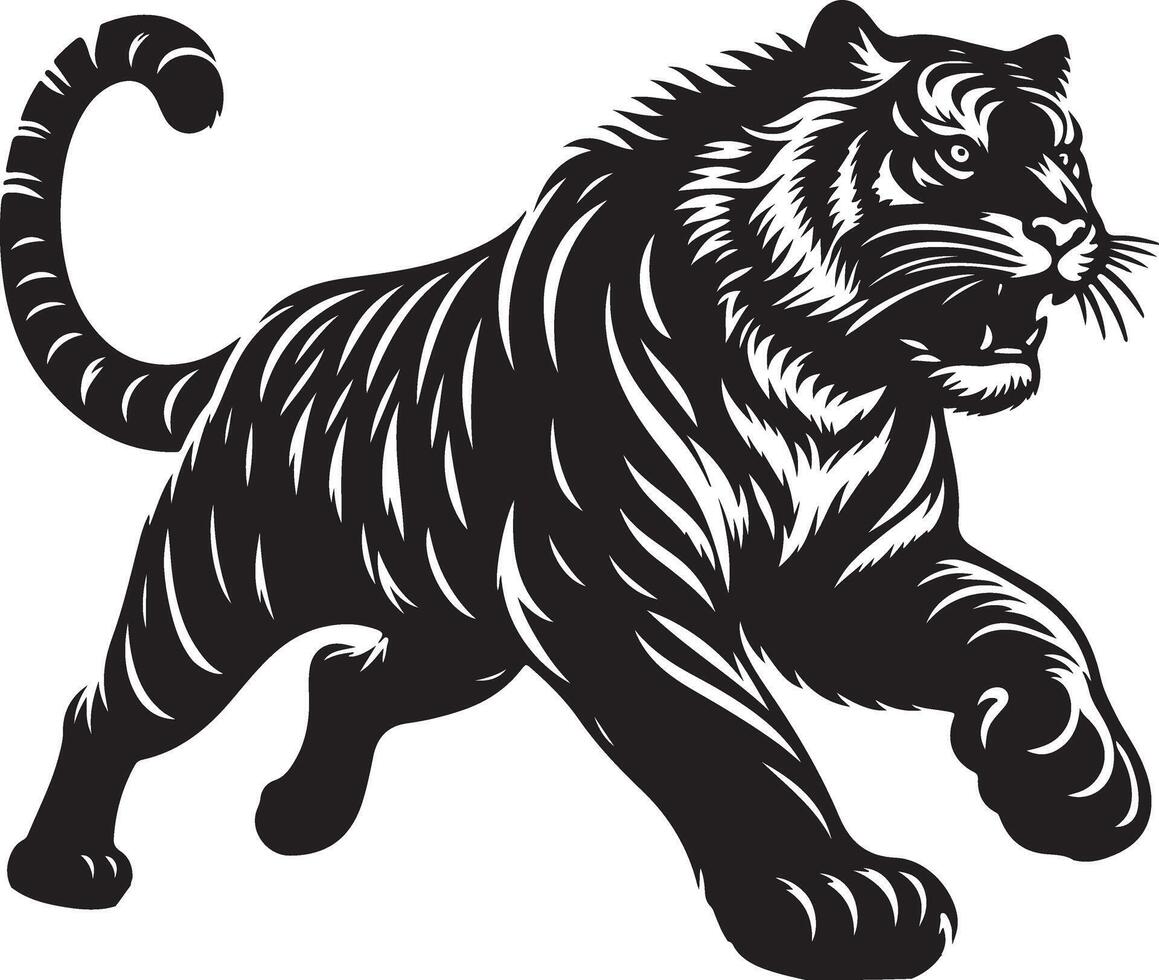 black silhouette of running tiger on white background of illustration vector
