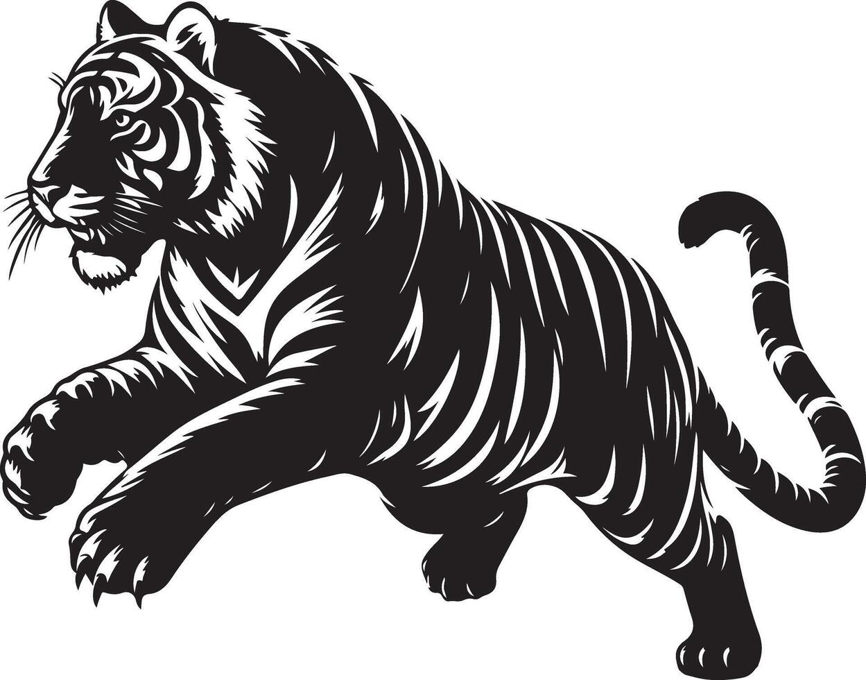 black silhouette of running tiger on white background of illustration vector