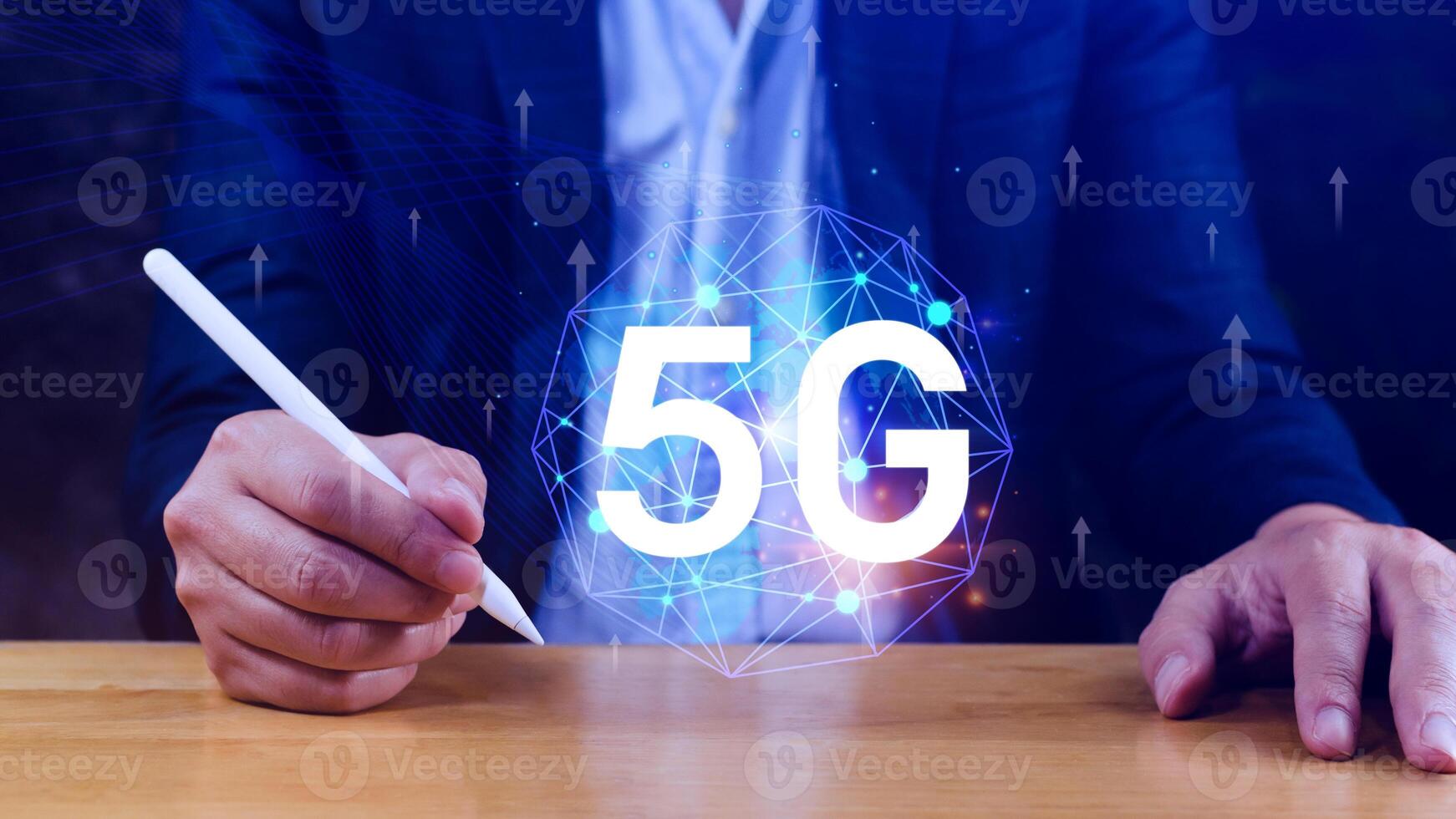 5G network concept, Business using with holographic digital globe with interconnected 5G symbols, 5G technology in modern business and communication, digital transformation. photo
