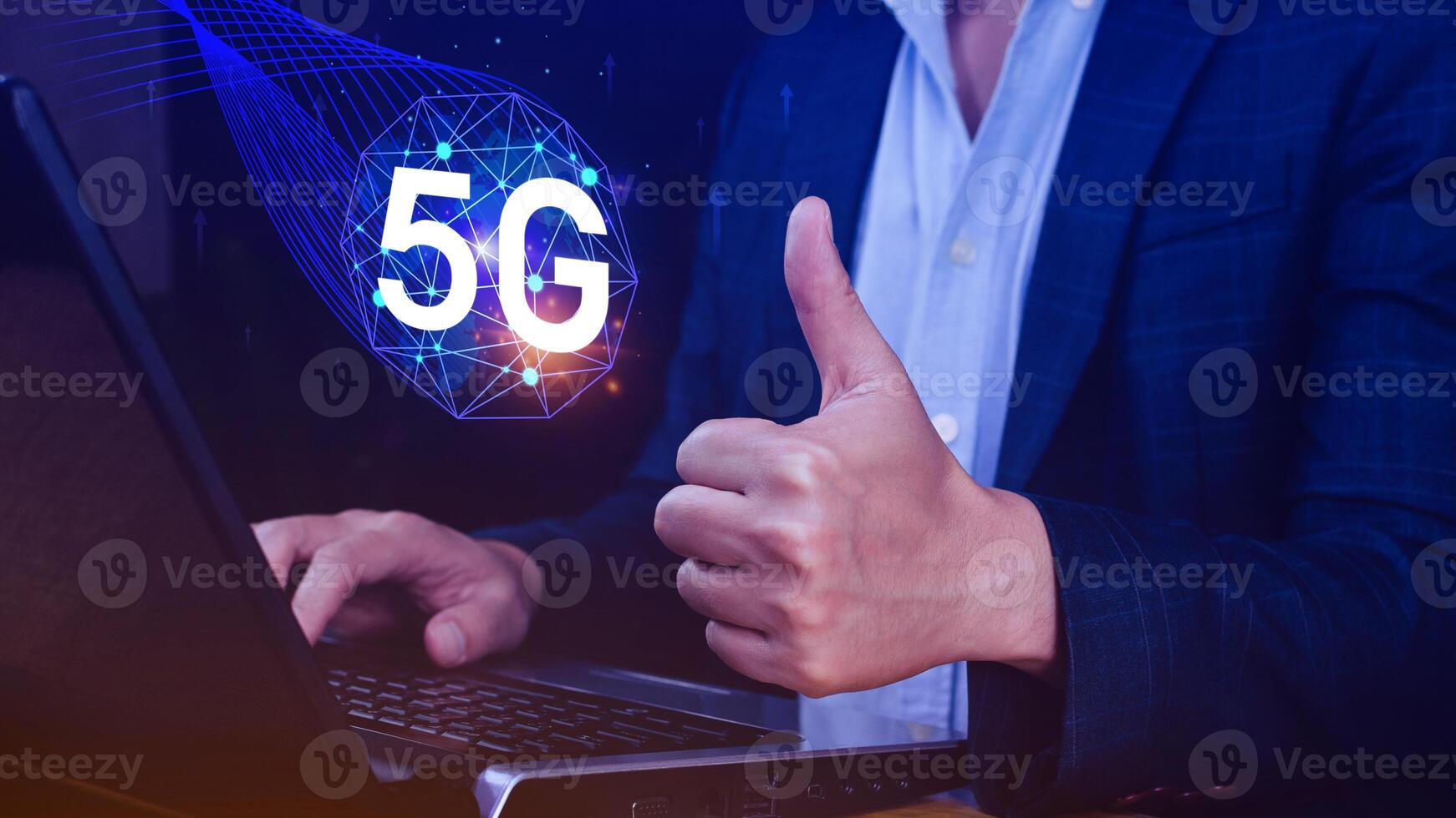 5G network concept, Business using with holographic digital globe with interconnected 5G symbols, 5G technology in modern business and communication, digital transformation. photo