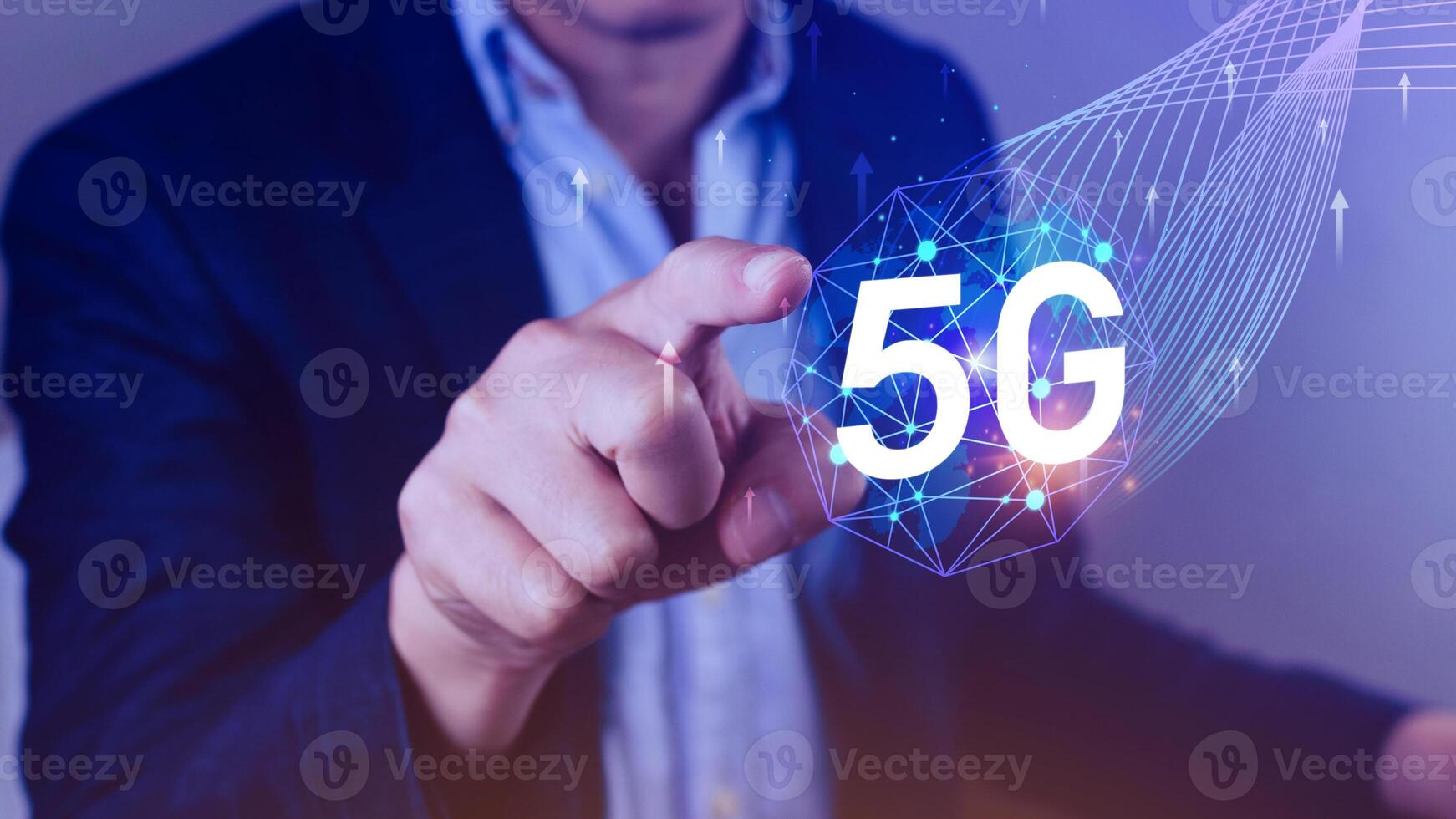 5G network concept, Business using with holographic digital globe with interconnected 5G symbols, 5G technology in modern business and communication, digital transformation. photo