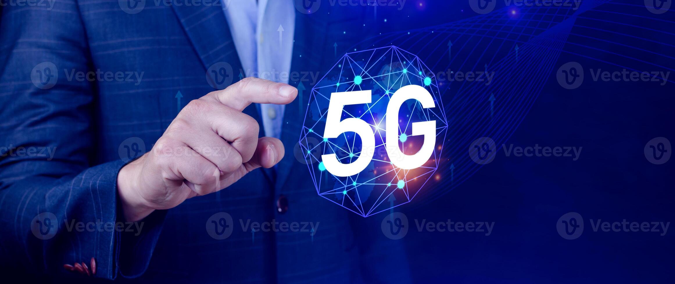 5G network concept, Business using with holographic digital globe with interconnected 5G symbols, 5G technology in modern business and communication, digital transformation. photo