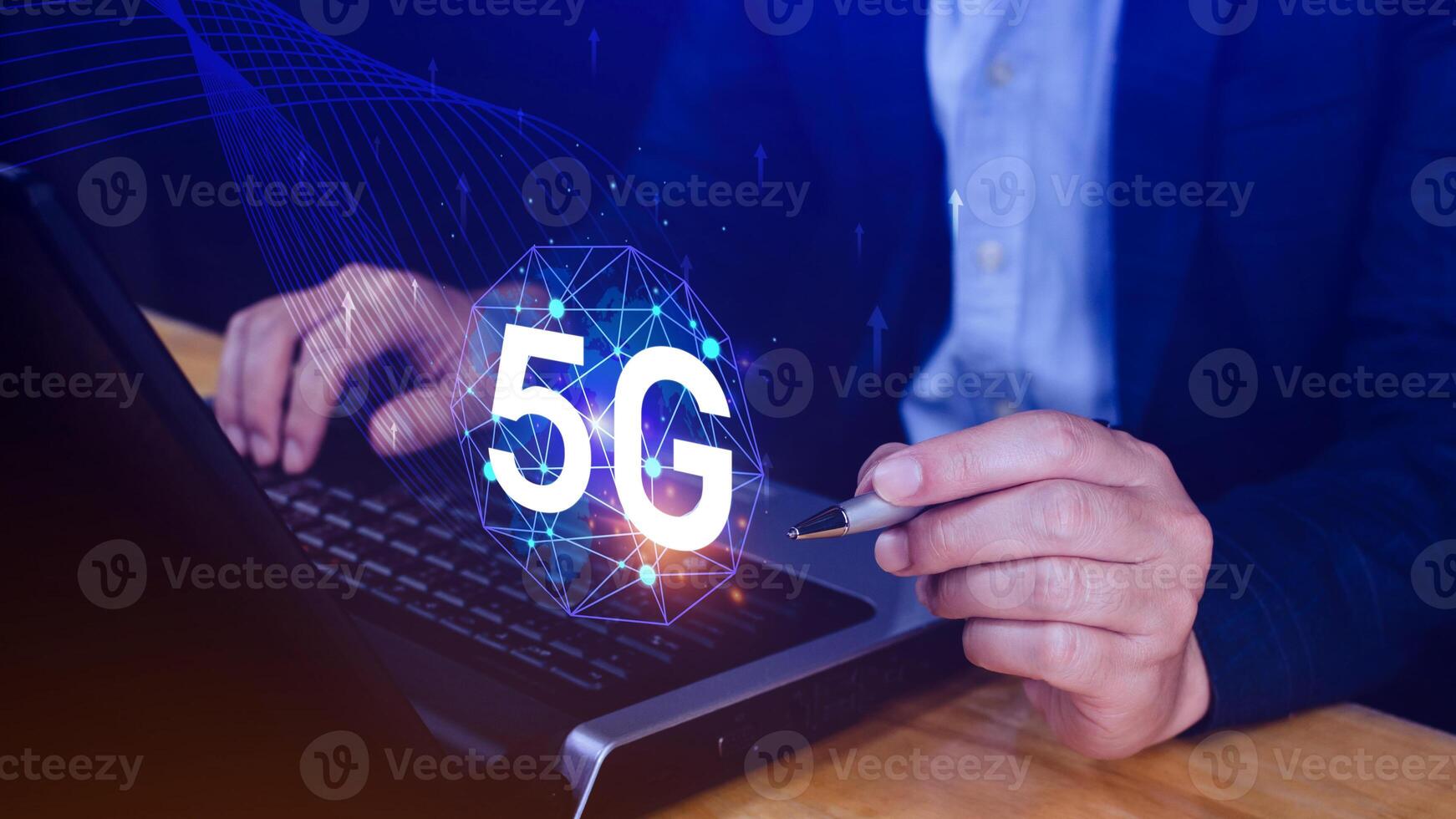 5G network concept, Business using with holographic digital globe with interconnected 5G symbols, 5G technology in modern business and communication, digital transformation. photo