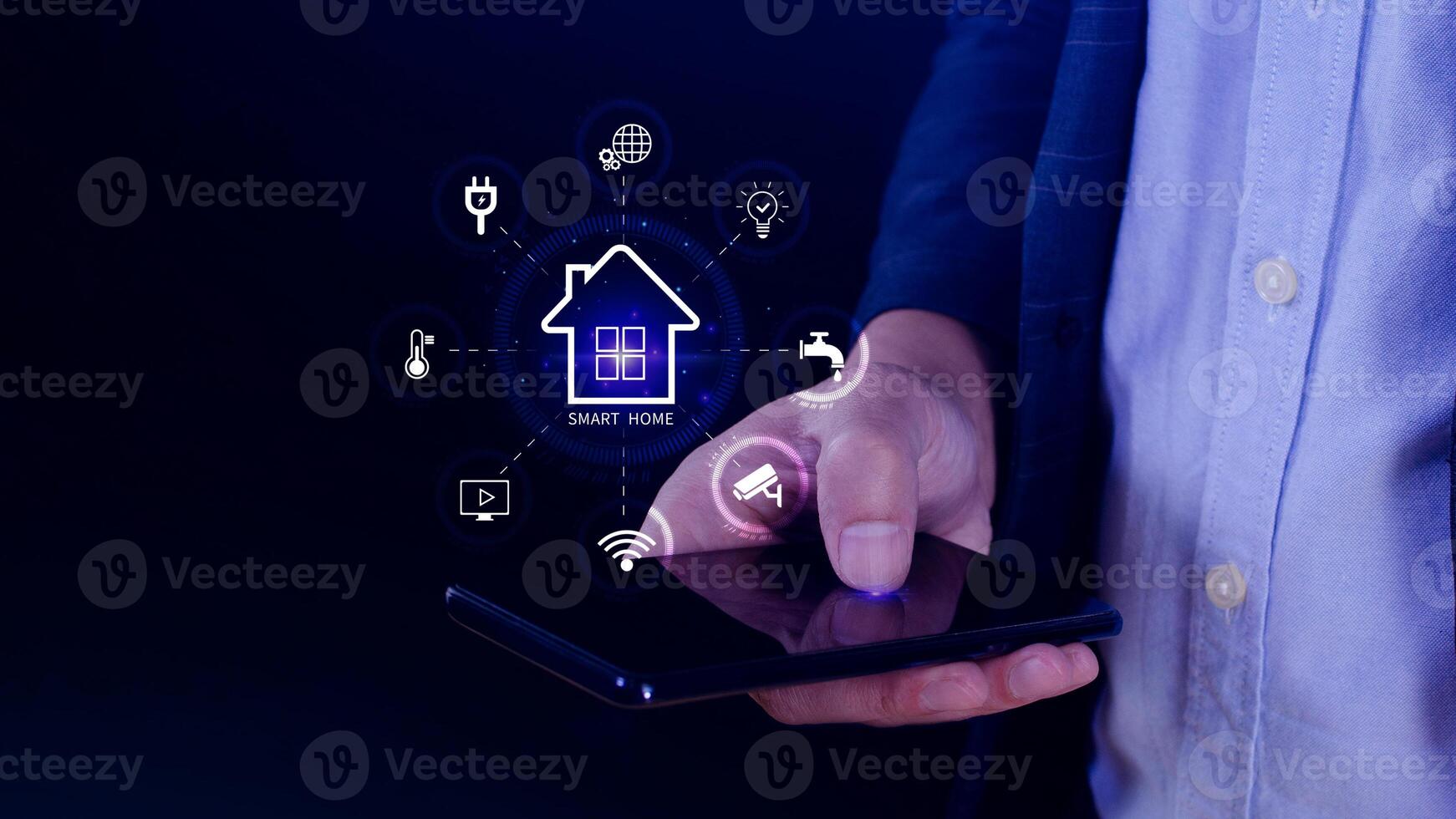 Smart home technology, User touches virtual screen on smartphone manage smart home features including security, lighting, temperature, Smart home and Iot concept. photo