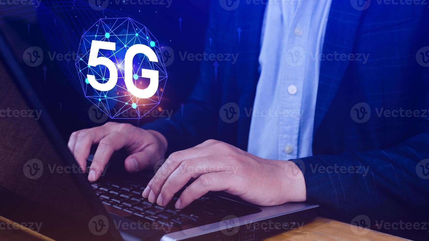 5G network concept, Business using with holographic digital globe with interconnected 5G symbols, 5G technology in modern business and communication, digital transformation. photo