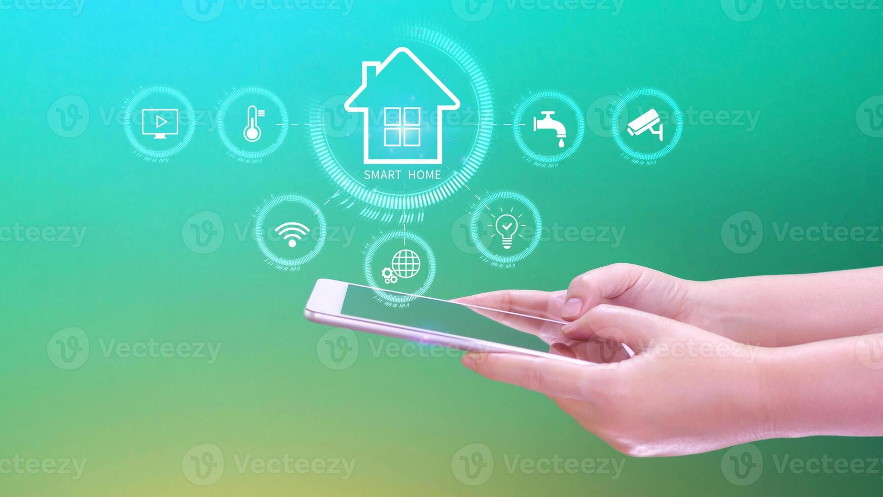 Smart home technology, User touches virtual screen on smartphone manage smart home features including security, lighting, temperature, Smart home and Iot concept. photo