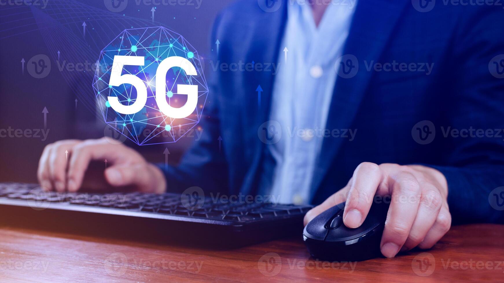 5G network concept, Business using with holographic digital globe with interconnected 5G symbols, 5G technology in modern business and communication, digital transformation. photo