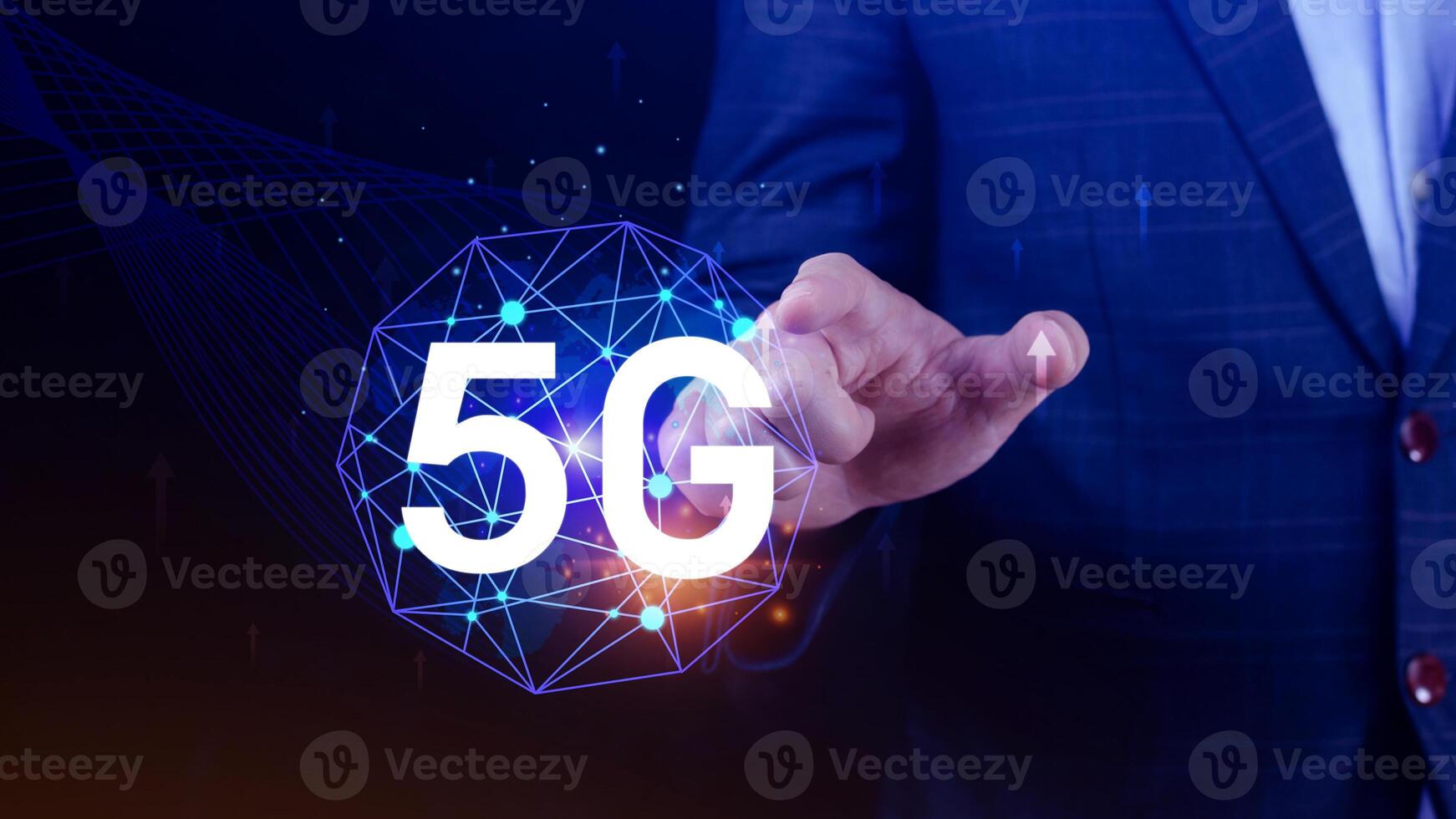 5G network concept, Business using with holographic digital globe with interconnected 5G symbols, 5G technology in modern business and communication, digital transformation. photo