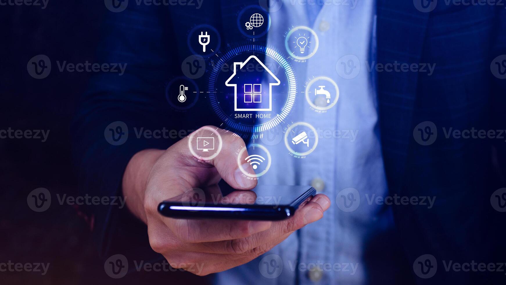 Smart home technology, User touches virtual screen on smartphone manage smart home features including security, lighting, temperature, Smart home and Iot concept. photo