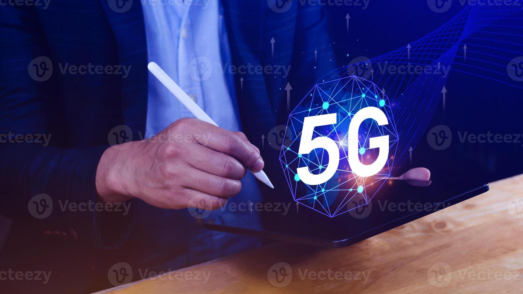 5G network concept, Business using with holographic digital globe with interconnected 5G symbols, 5G technology in modern business and communication, digital transformation. photo