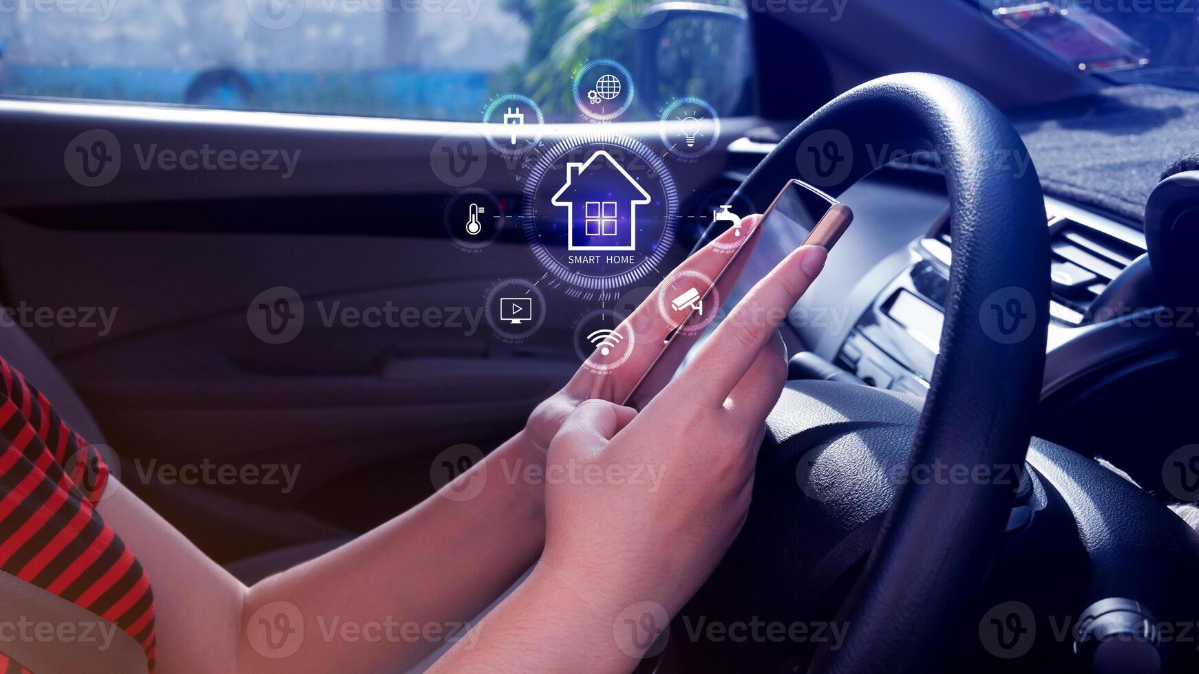 Smart home technology, User touches virtual screen on smartphone manage smart home features including security, lighting, temperature, Smart home and Iot concept. photo