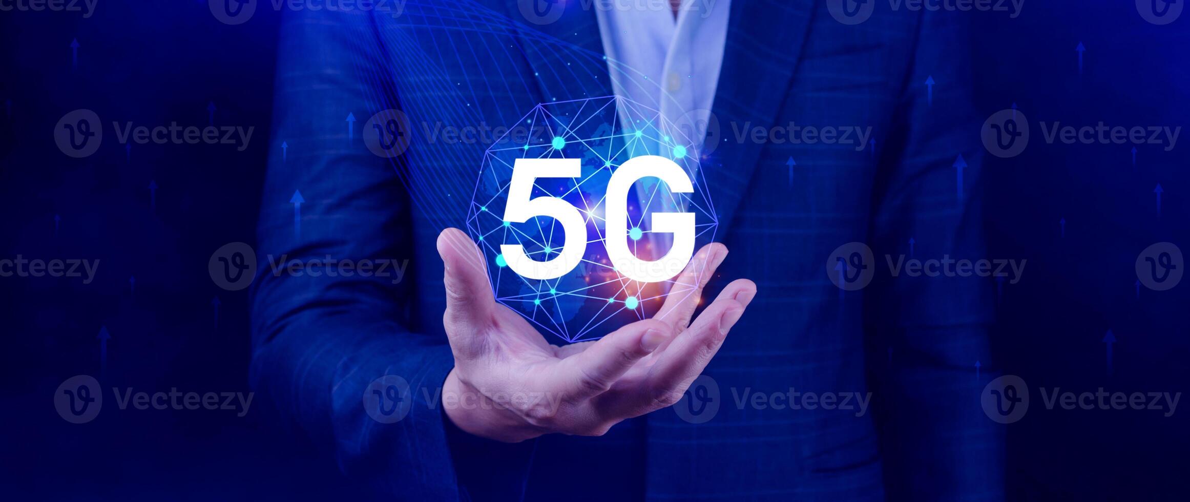 5G network concept, Business using with holographic digital globe with interconnected 5G symbols, 5G technology in modern business and communication, digital transformation. photo