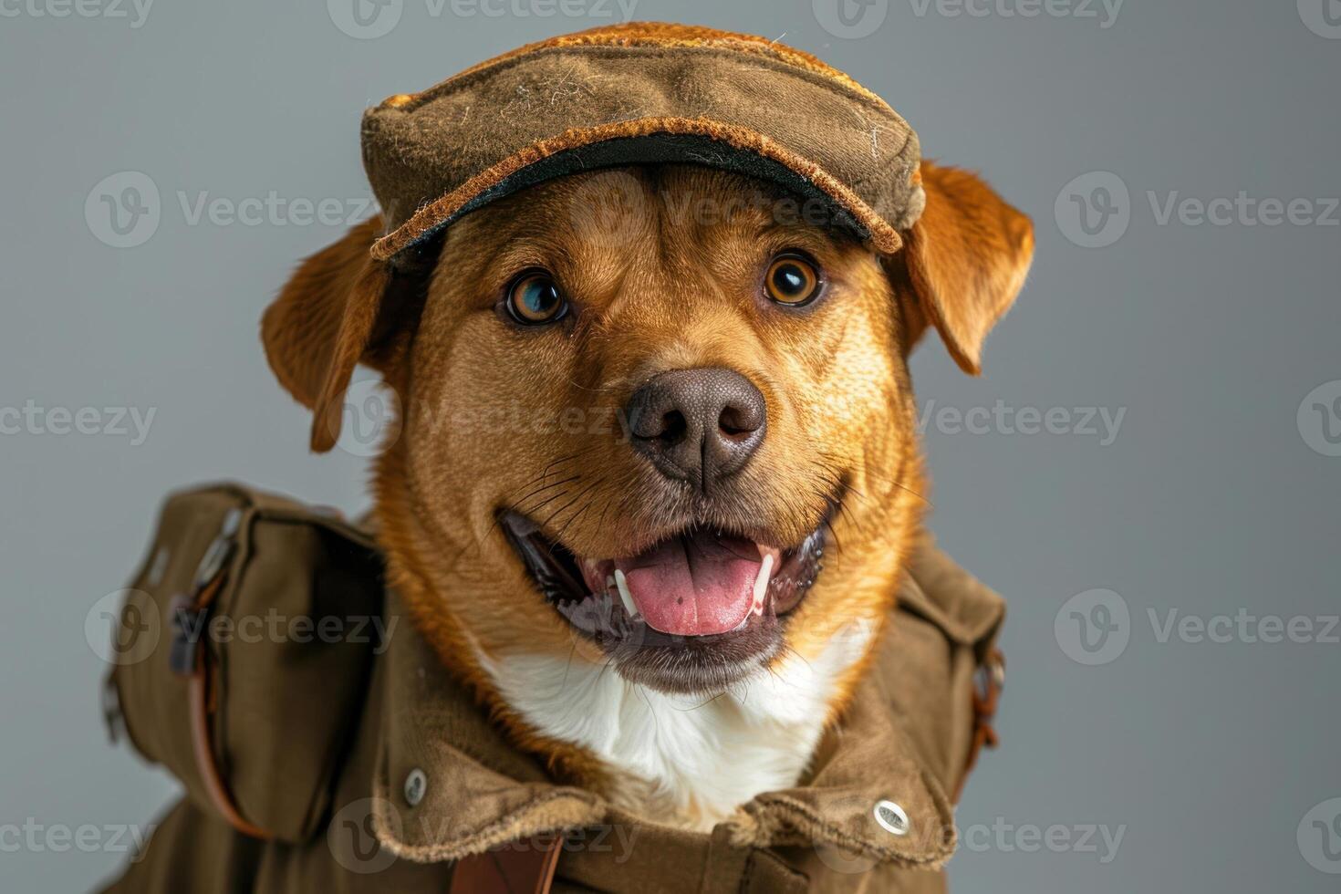 Happy Dog wearing Mail Carrier costumes, studio lighting, isolated on white background, stock photographic style photo