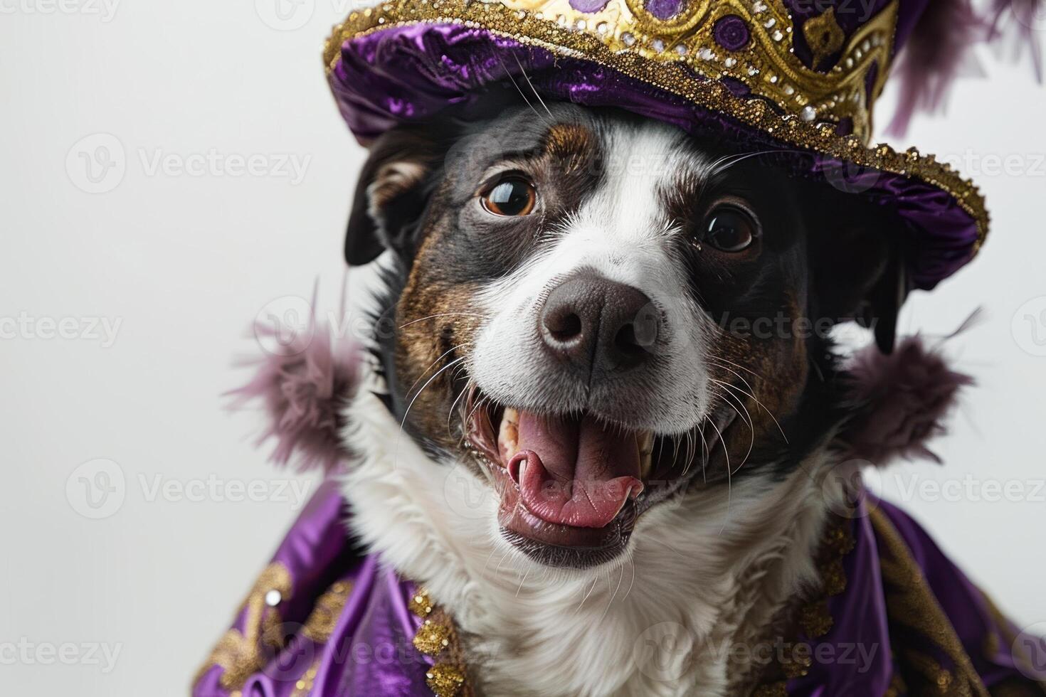 Happy Dog wearing Prince costumes, studio lighting, isolated on white background, stock photographic style photo