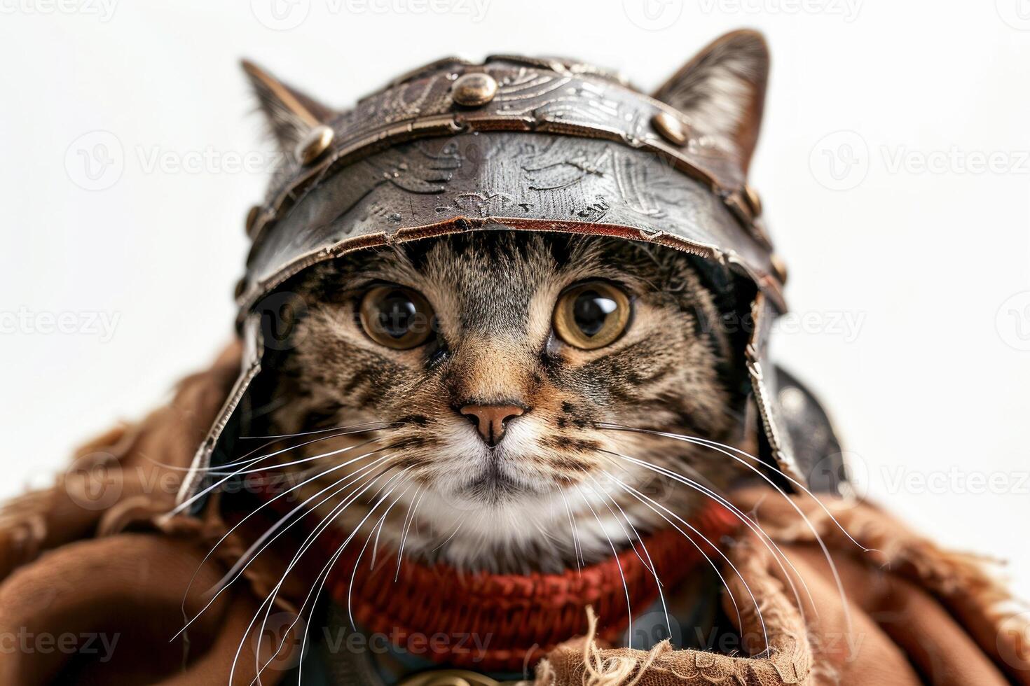 Happy cat wearing Gladiator costumes, studio lighting, isolated on white background, stock photographic style photo