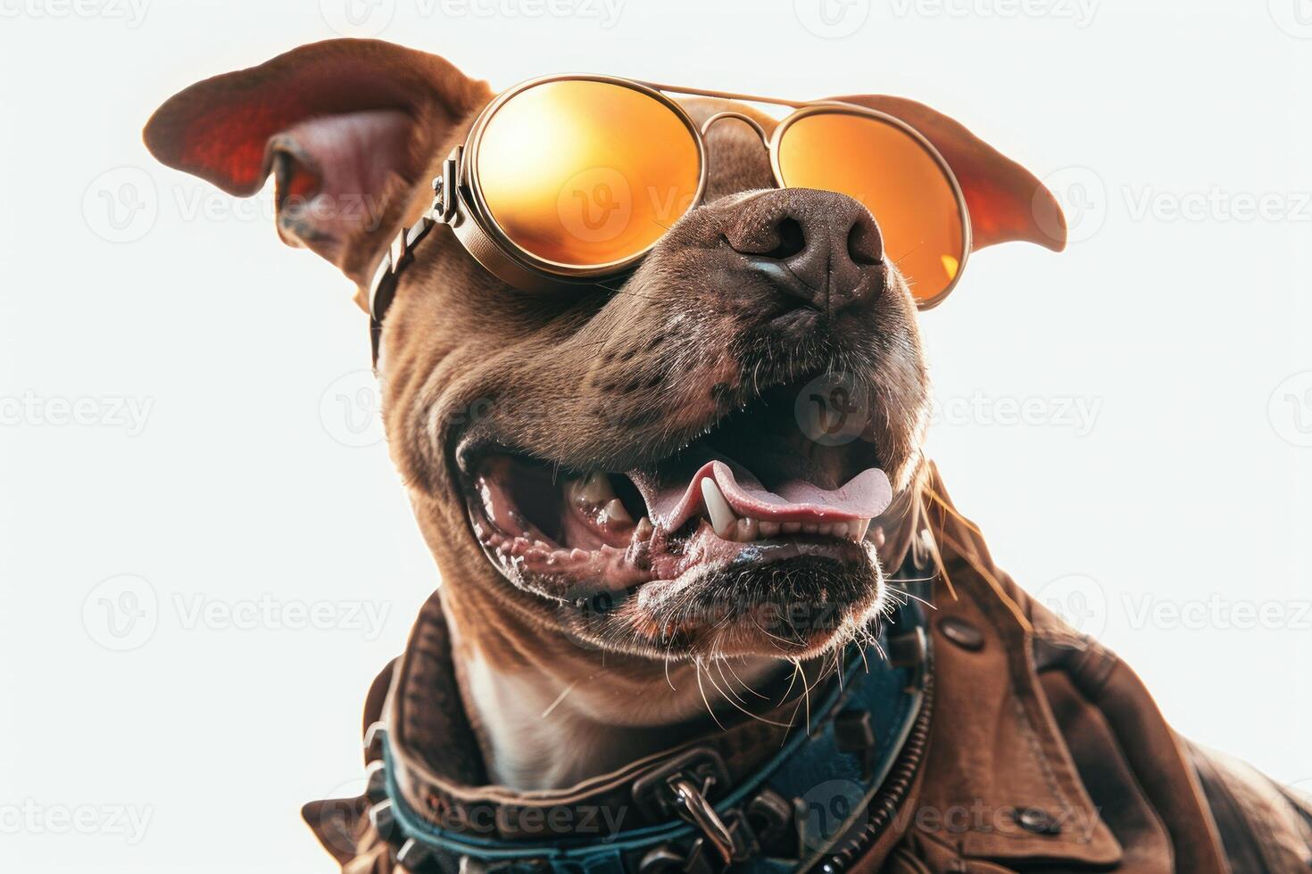 Happy Dog wearing Futuristic costumes, studio lighting, isolated on white background, stock photographic style photo