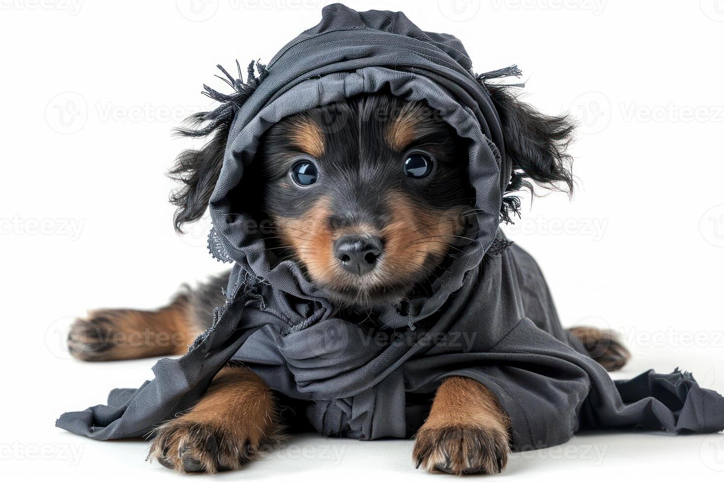 Happy Dog wearing Ninja costumes, studio lighting, isolated on white background, stock photographic style photo