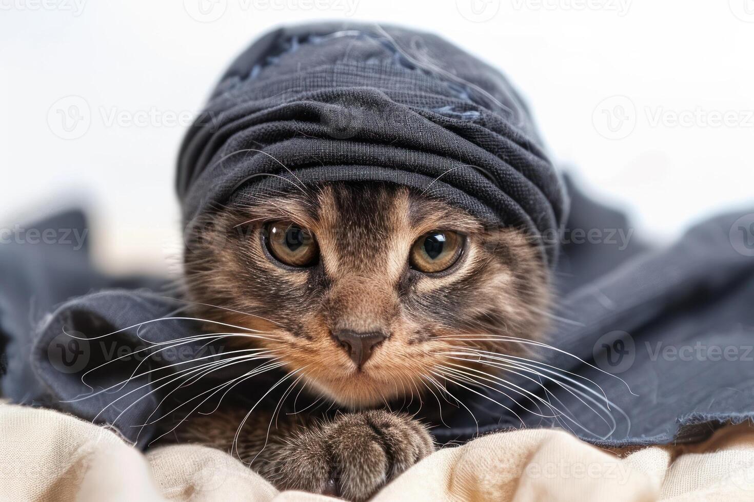 Happy cat wearing Ninja costumes, studio lighting, isolated on white background, stock photographic style photo