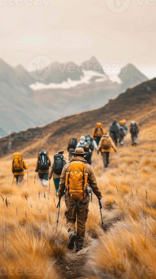 Group hiking on a mountain trail, outdoor activities, Exploration and nature photo
