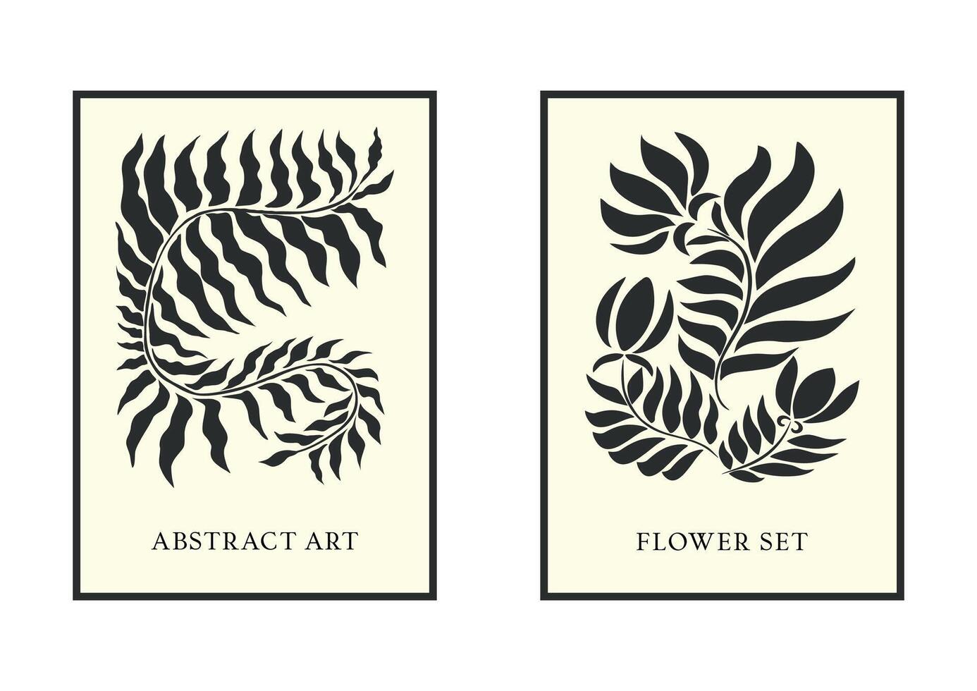 Set of posters in the style of Matisse. Interior and home decoration. Abstract. Flowers and leaves. Botany. Boho. Template. Trendy art .Hippies. Psychedelic. 60s and 70s. Elements and shape. Collage vector