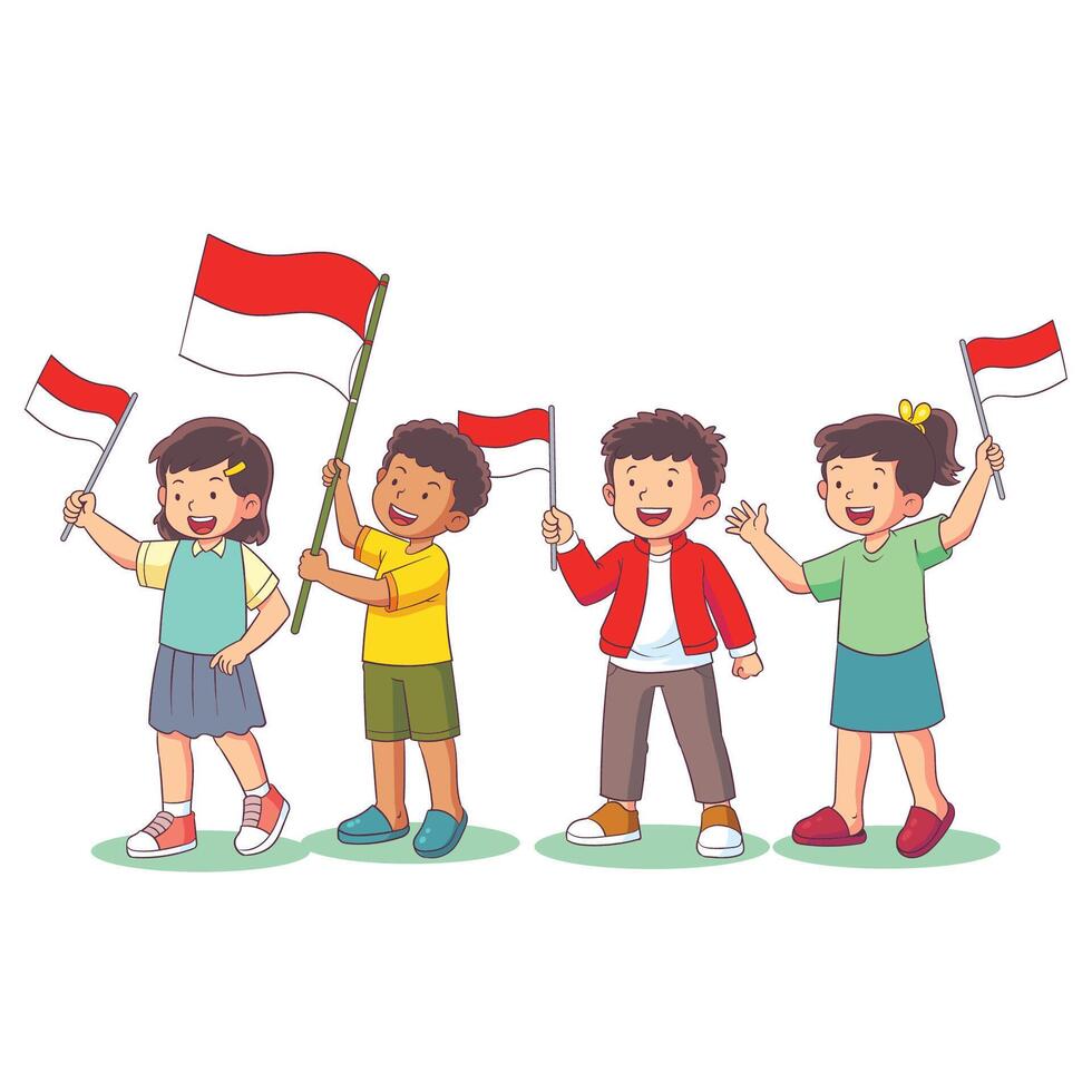 children holding Indonesian flags vector