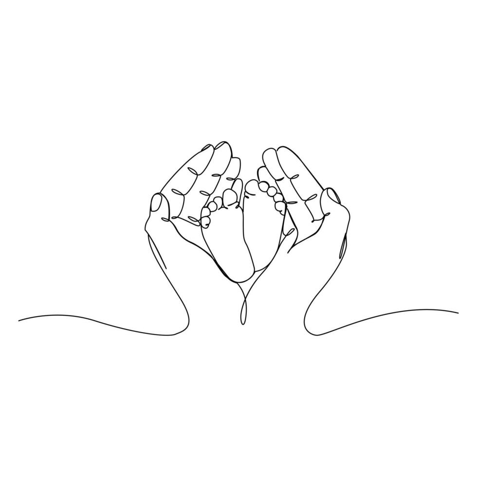 Continuous Drawing of Hand and baby feet with one line art vector
