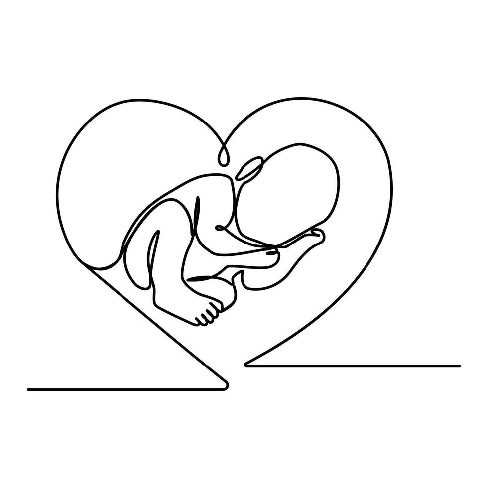 Continuous One Line art Baby in womb with heart shape vector
