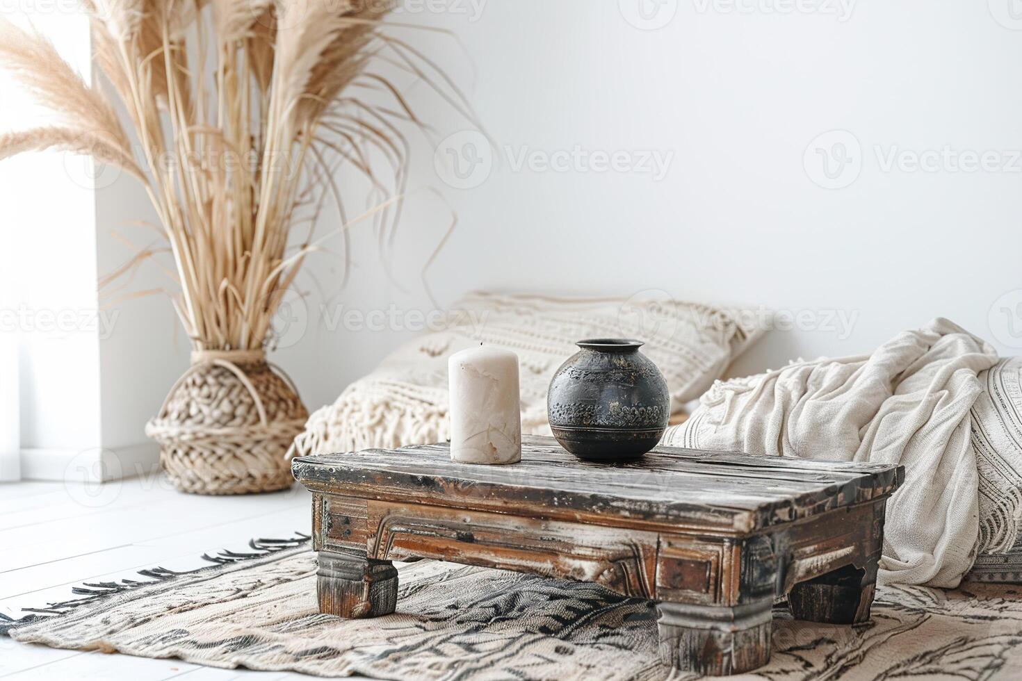 Boho living room, minimalist aesthetic with natural elements and textures, ideal for home decor magazines, interior design portfolios, lifestyle blogs. Peaceful stylish living space. photo