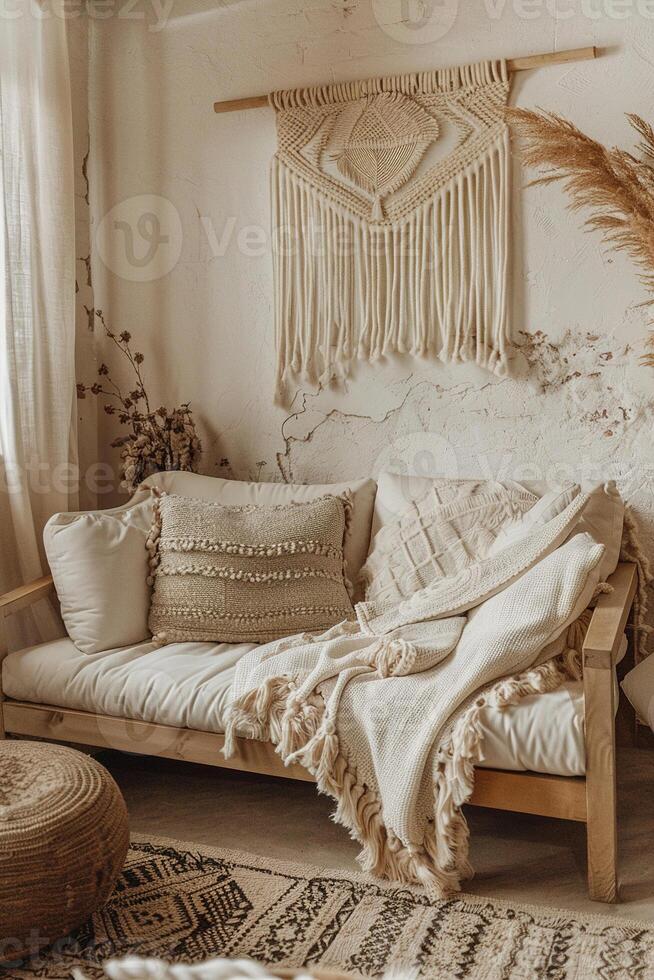 Boho living room, minimalist aesthetic with natural elements and textures, ideal for home decor magazines, interior design portfolios, lifestyle blogs. Peaceful stylish living space. photo