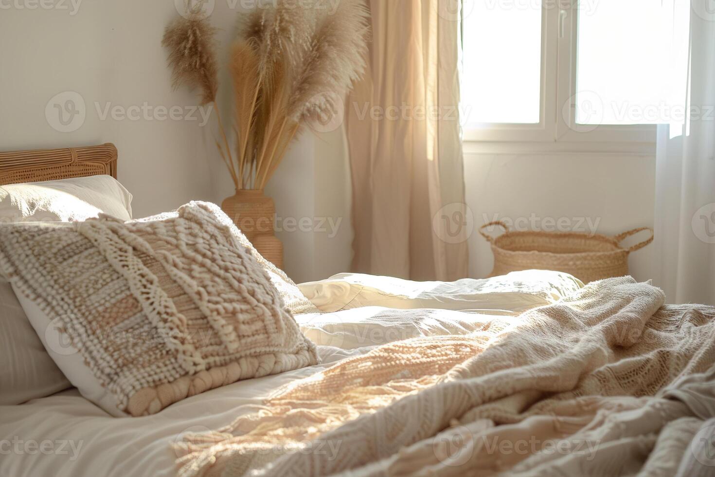 Serene boho bedroom, minimalist aesthetic with natural elements and textures, ideal for home decor magazines, interior design portfolios, lifestyle blogs. Peaceful stylish living space. photo